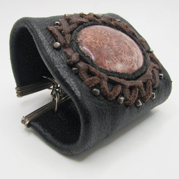 Rustic Leather Cuff Bracelet with Coral Fossil Artisan Boho - Picture 1 of 6